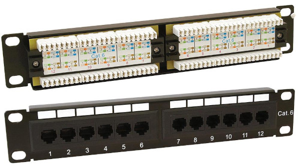 Rear and front side of a 10-inch Cat6 ethernet patch panel